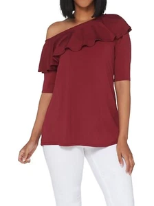 H BY HALSTON Small maroon Jet Set Jersey Ruffle One Shoulder Top - Picture 1 of 4