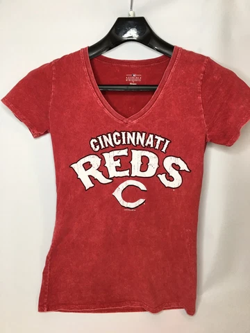 Cincinnati Reds distressed Red White Women small top VNeck Short Sleeve Baseball Cover