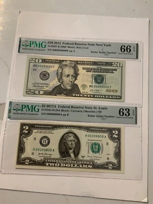 FR#2097-B & FR#1941-H .Ser# 00099000.$20.00,$2.00 PMG 66 &63.Radar & EPQ - Image 1 of 4