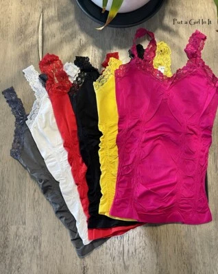 New Womens LACE TRIM CAMISOLE BLACK WHITE RED PINK STRETCH TANK TOP ONE SIZE - Image 1 of 4