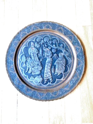 Bandeja Grabada Vintage Tono Plata Estaño Cobre Persa Ghalamzani Qajar Tooled Foto 1 de 4