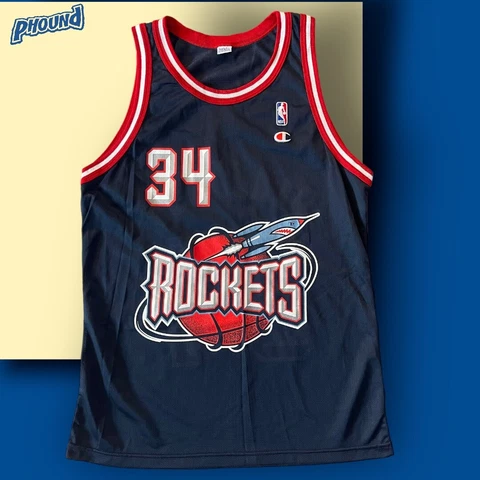 Vintage Houston Rockets Hakeem Olajuwon jersey champion Mens Size 44 Blue Rare Cover