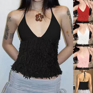 Ladies Vest Summer SEXY Tops Cami Backless Halter V neck Fluffy Furs Tank Shirts - Picture 1 of 23