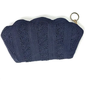 1940s Vintage Black Cord Evening Bag Fan Shaped Clutch Metal Zipper Prom Wedding - Picture 1 of 9