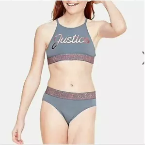 Justice | Grey 2 Piece Back Cross Swimsuit (Size: Top:6/Bottom:12) - Picture 1 of 6