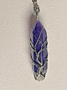 Necklace Wire Wrapped Amethyst Crystal Tree of Life on Silver Tone Chain 16" - Bild 1 von 8