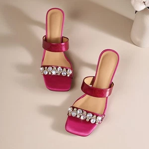 Womens Open Toe Rhinestone Real Leather Sandals Slipper High Heel Summer Outdoor - Picture 1 of 27