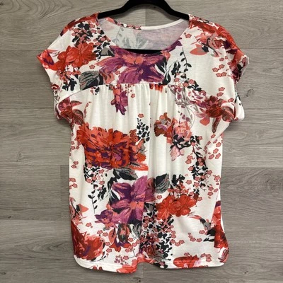 全新带标签女式花卉衬衫袖口圆领套衫花卉白色粉红色 L — 第 1/4 张图片