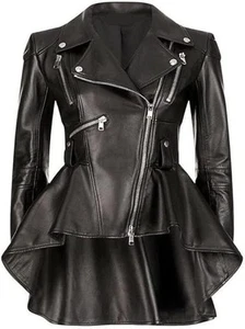 Women’s Black Peplum Waist Leather Jacket Elegant Slim Fit Coat Stylish Peplum - Picture 1 of 3
