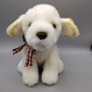 Russ Berrie Nugget Plush White Cream Puppy Dog 7" Stuffed Animal Yellow Plaid - Picture 1 of 12