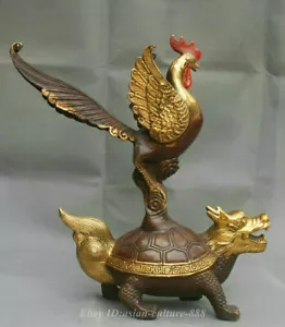 12 China Bronze vergoldeter Fengshui Hahn Hahn auf Drachenschildkröte Schildkröte Staute - Bild 1 von 8