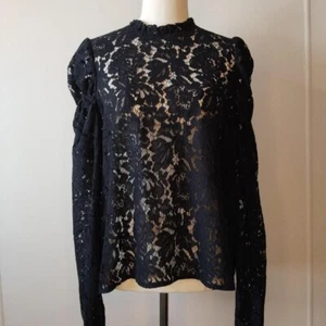 Decjuba Black Lace Blouse Size 10 Long Sleeves Puffy Gathered Choker Regency - Picture 1 of 5