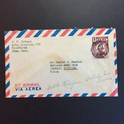 BroadviewStamps Peru air mail cover #381 Lima to Michigan. - Image 1 of 3