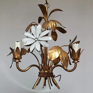 VINTAGE ITALIAN GILT TOLE CEILING LIGHT GILDED LEAVES CHANDELIER WHITE FLOWERS - Picture 1 of 7