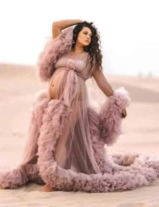 Bata de tul para sesión de fotos de maternidad Sheer Puffy Borgoña vestido largo boda - Imagen 1 de 44