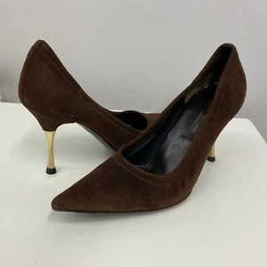 Sergio Rossi Suede Shoes Pumps Brown Gold Tone Metal On Heels Size 35 - Picture 1 of 7