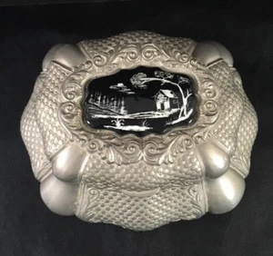 Vintage Chinese Metal 6-3/4” Hinged Box Black & White Porcelain Inlaid Tile Top - Picture 1 of 12