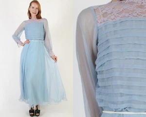 Vtg Blue Chiffon Monochrome Maxi Dress 70s Lace Trim Victorian Sheer Formal Gown - Picture 1 of 7