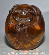 4.8" Old Chinese Red Amber Carving Feng Shui Pig Bat Lucky Sculpture