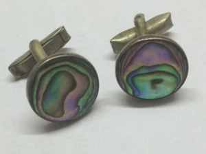 Vintage Pair TAXCO Sterling Silver Cufflinks Marked 925, Abalone Faces, D 1.5 cm - Picture 1 of 6