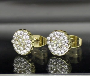 Men Women CZ Earrings Round Iced 9mm Studs Gold Plated Hip Hop Stainless Steel - Picture 1 of 7