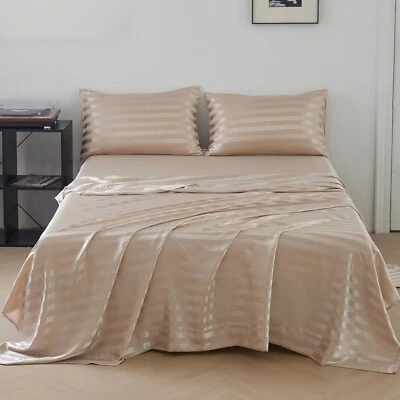 Satin Silky Sheet Set 3 Piece Twin Size Bed Sheet Set Strip Pattern Deep Pocket - Image 1 of 4