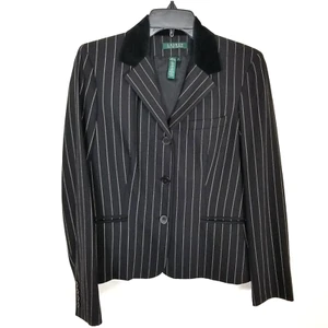 Ralph Lauren Women Pinstripe Virgin Wool Blazer Jacket Sz 8 Black White Preppy - Picture 1 of 5