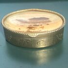 Vintage Etched Silver Tone Oval 2" Pill Trinket Box Vanity Travel Pink Stone