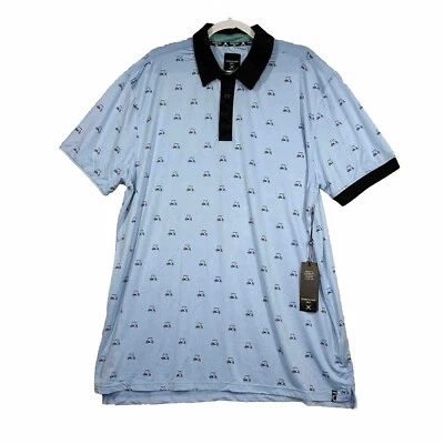 NEW Kenneth Cole Mens Blue Golf Cart Print Polo Shirt Wicking UPF 50+ Stretch 1X - Image 1 of 4