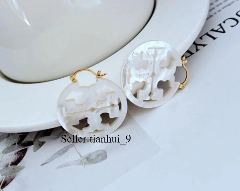 New! Tory White Hoops earrings TB logo with Jewelry Pouch Size:3.3*2.9cm - Image 1 of 3