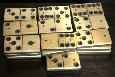 Antique Bone and Ebony Wood Dominos Set Of 28 Dominos Great Patina - Image 1 of 3