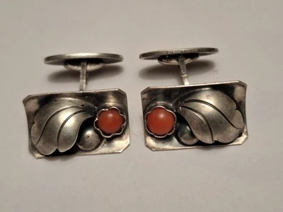 Manschettenknöpfe Silber Koralle 835 art deco floral Blatt 1930 original antik - Bild 1 von 3
