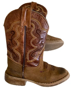 Kinder Braun Leder Wildleder Cowboy Western Stiefel Größe 13 Eckige Spitze 5 Reihen Nähte - Bild 1 von 24