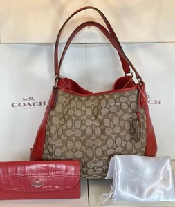 Coach 36466 Edie 31 Signature Jacquard Leather Khaki/Red Shoulder Bag & Wallet - Picture 1 of 15