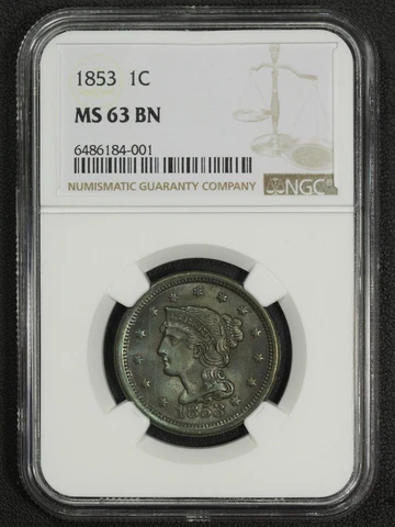 1853 Braided Hair Copper Large Cent NGC MS 63 BN (Pretty Toning!!) Cover