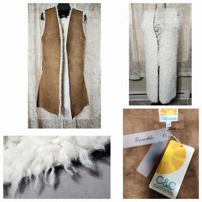 C&C California Women’s Large Vest Faux Suede Fur Sherpa Boho Sleeveless Long - Image 1 of 4