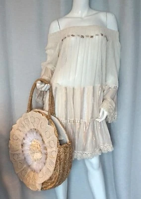 Hippie Carmen Tunika Mini Kleid Lochstickerei Beige Pinstripes 36,38,40,42 Neu - Bild 1 von 4