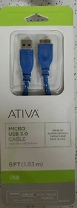 ATIVA Micro USB-A 3.0 TO MICRO-B CABLE 6FT BLUE **BRAND NEW SEALED** - Picture 1 of 4