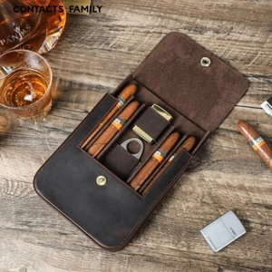 Estuche de cuero genuino ojo de pez hebilla magnética vintage de 4 tubos para cigarros - Imagen 1 de 7