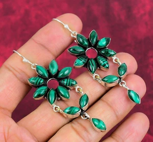 Malachite Gemstone Handmade 925 Sterling Silver Earrings Jewelry - Picture 1 of 4