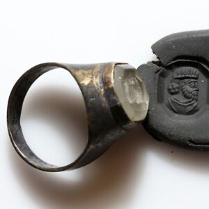 INTACT NEAR EAST ANTIQUE BRONZE INTAGLIO SEAL RING WITH ANCIENT STONE