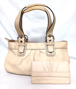 COACH SOHO PLEATED CREAM IVORY LEATHER Y2K TOTE SHOULDER HANDBAG F13732 W/WALLET - Picture 1 of 18