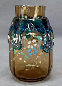 Bohemian Harrach Enamel Flowers Blue Rigaree & Amber Glass 3 7/8 Inch Vase - Picture 1 of 9