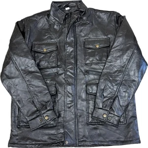 Vintage Leather Field Jacket Patchwork Black Pockets Zip Mens Large - Picture 1 of 6