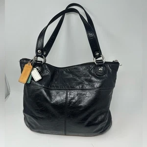 Coach, Schultertasche schwarz camelia abgenutzt Leder, silberne Hardware, gebraucht - Bild 1 von 16