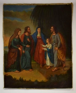 Um. 1880-1900, altes Bild, die Heilige Familie mit Anna und Joachim, Öl - Bild 1 von 6