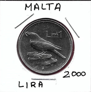MALTA 1 LIRA 2000 UNC BLUE ROCK THRUSH (MONTICOLA SOLITARIUS) COAT OF ARMS OF MAL - Bild 1 von 2