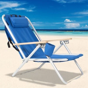 Folding Beach Chair Recliner Portable Backpack Camping Chair Headrest Cup Holder - Picture 1 of 17