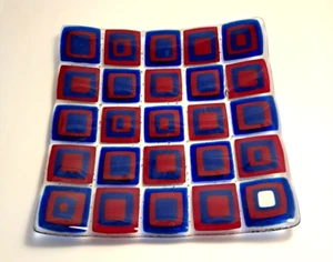 Helen Rudy Fused Art Glass Square Bowl 10" Red Blue Signed - Picture 1 of 17