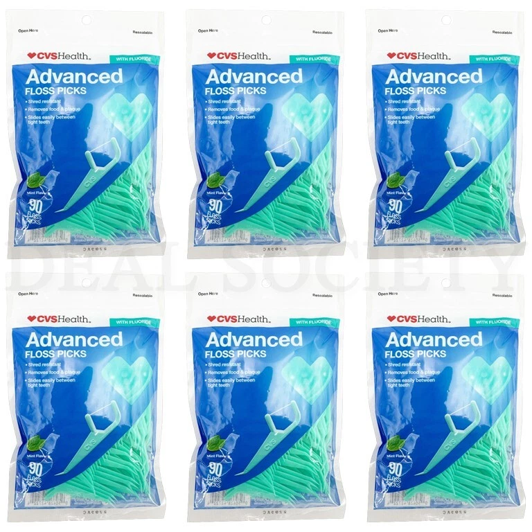 CVSHealth Advanced palhetas de fio dental perfeitas com flúor perfeito 90 unidades cada lote de 6 - Imagem 1 de 3